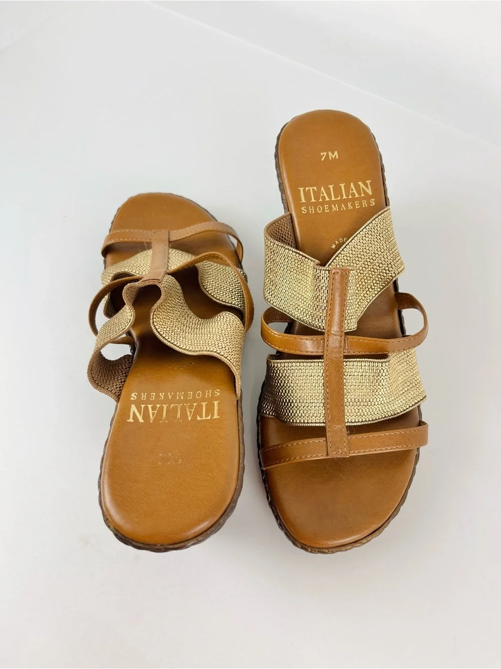 Italian Shoemakers Metallic Gold and Dark Tan Woven Wedge Sandals Size 7